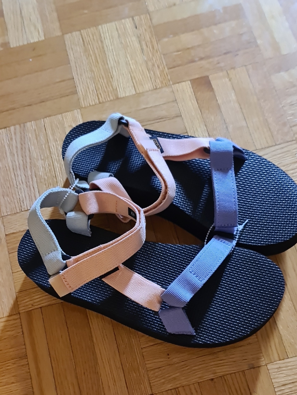 Teva Women's Black Sandals with Pink, Lavender, and Light Gray Straps